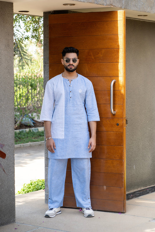 Breezy Sky Blue Linen Kurta Trouser Set by Snug