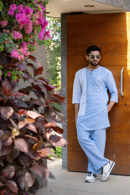 Breezy Sky Blue Linen Kurta Trouser Set by Snug - Snug