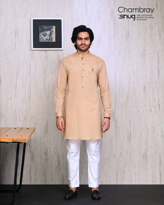 Beige Chambray Kurta with Pearl White Trouser - Snug