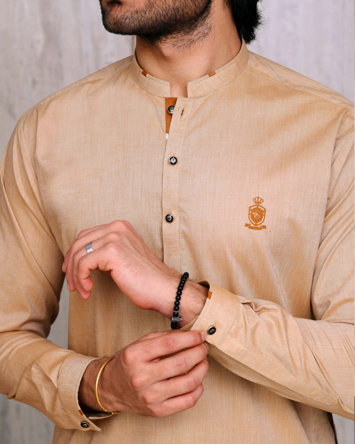 Beige Chambray Kurta with Pearl White Trouser