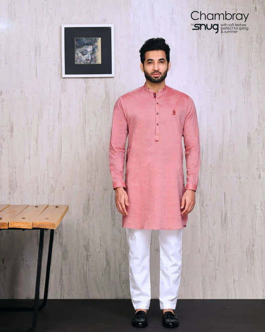 Maroon Chambray Kurta with Pearl White Trouser - Snug