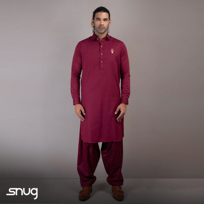 Maroon Kurta Shalwar with Gold Logo