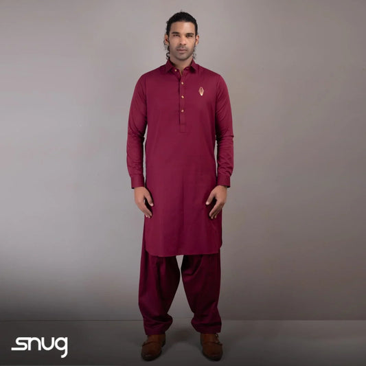 Maroon Kurta Shalwar with Gold Logo - Snug