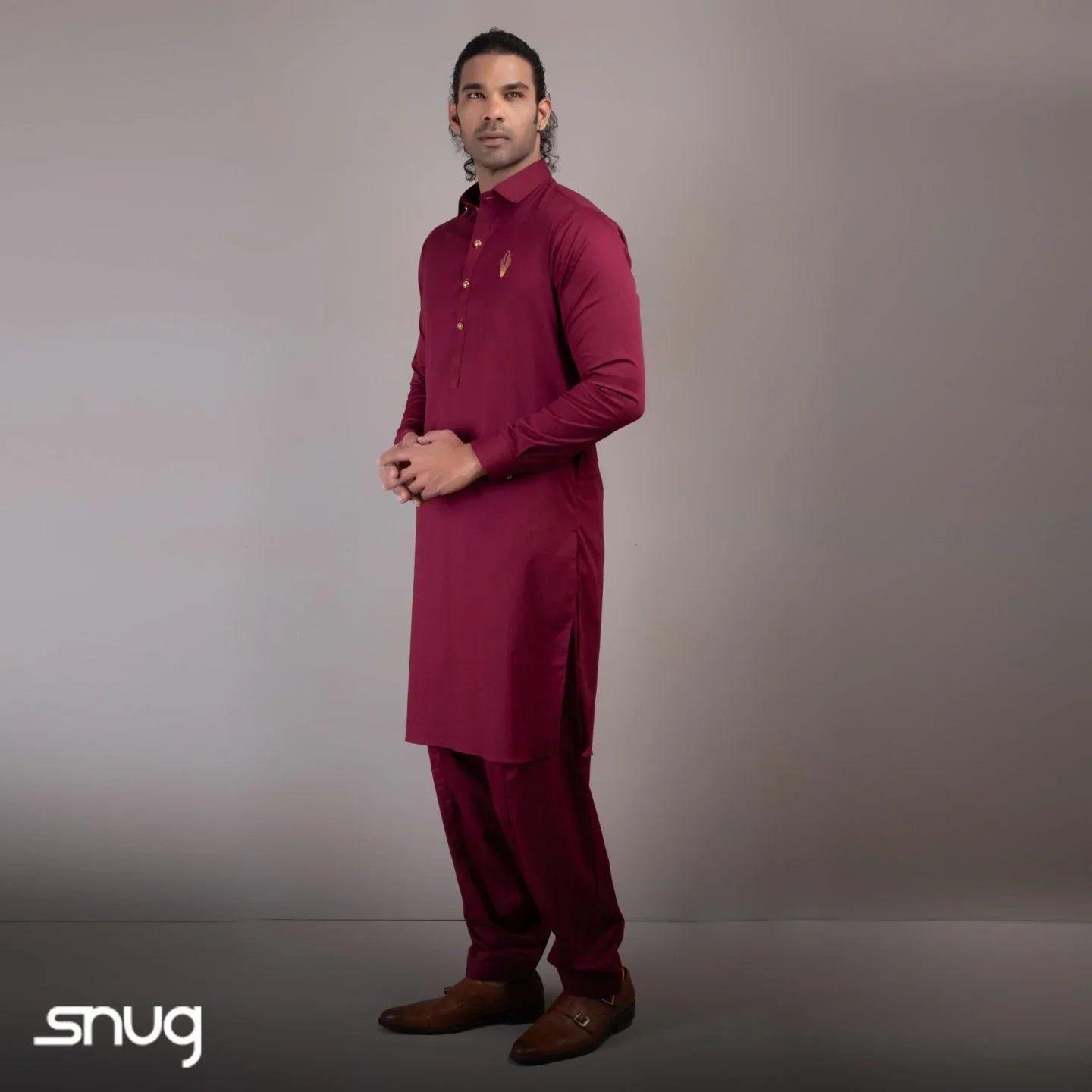 Maroon Kurta Shalwar with Gold Logo - Snug