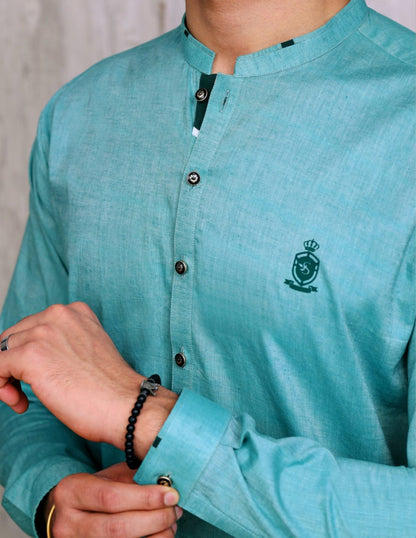 Sea Green Chambray Kurta with Pearl White Trouser