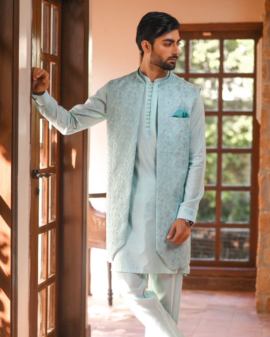 Men Kurta With Salwar in Navy Blue Cotton Blend Fabric MKPA0650